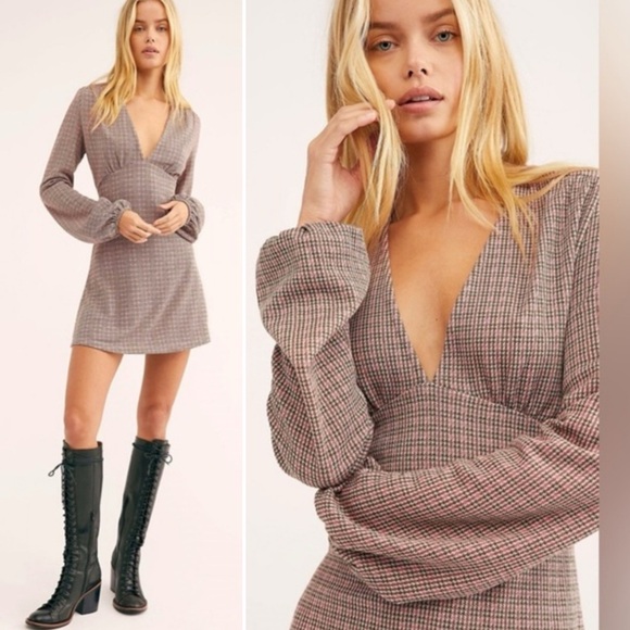 Free People Dresses & Skirts - Free People Plaid Mini Dress in Pink and Gray